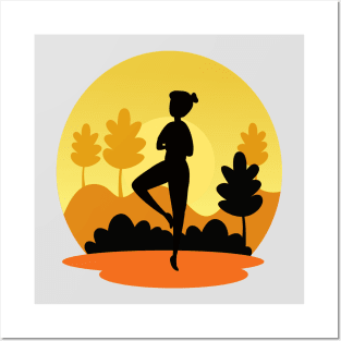 Silhouette of a female doing pilates and yoga. Posters and Art